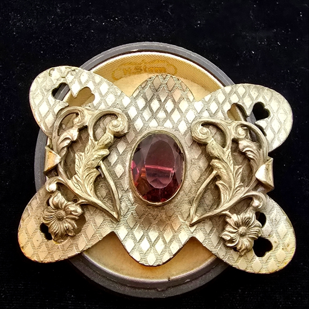 Plated Art Nouveau Sash Pin Purple Floral Shamrock Trellis Vintage Butterfly